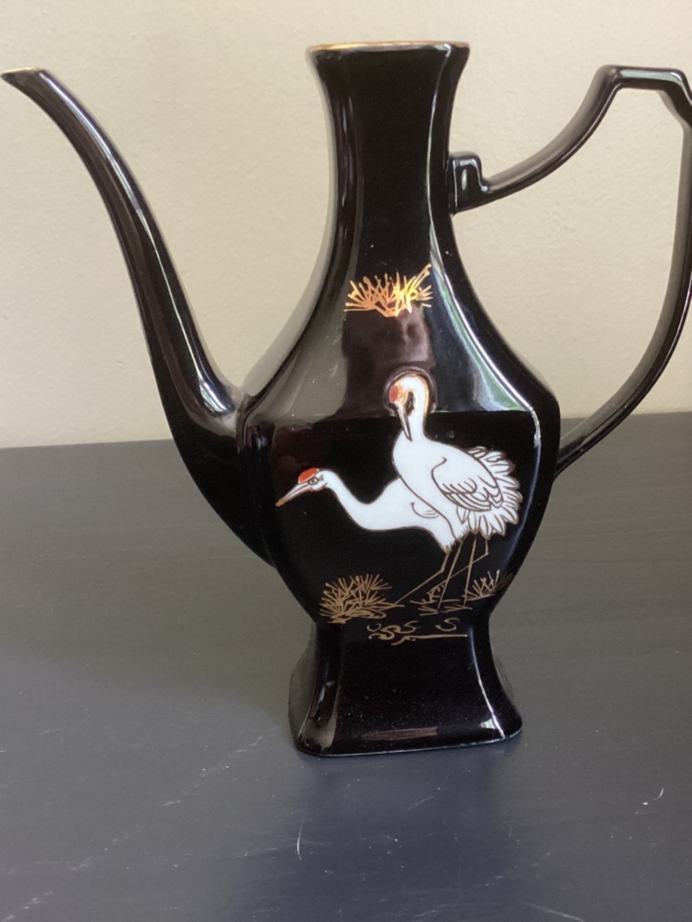 Black Porcelain Vase Pitcher Hand Painted Cranes Gold Accents